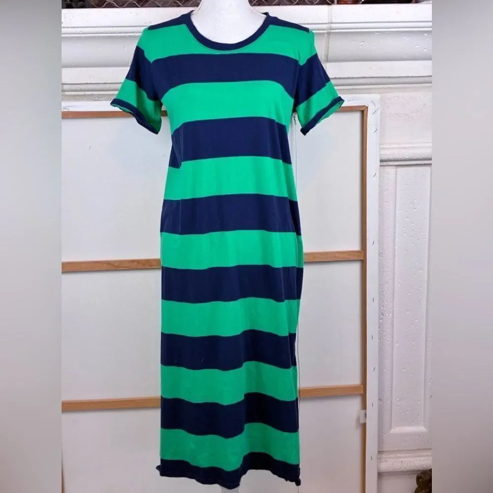 J. Crew Preppy Green & Navy Short Sleeve Maxi Dress w/ side slits